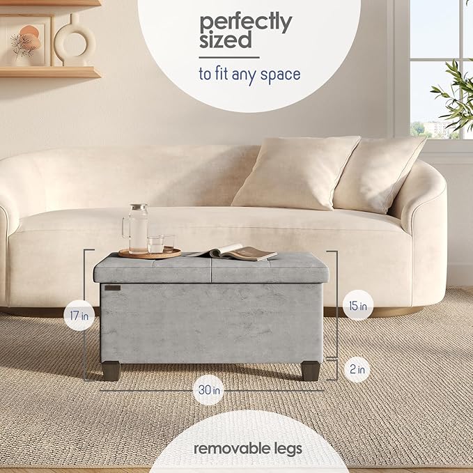 Storage Ottoman Bench with Bins, 30-in Storage Bench for Bedroom End of Bed, Folding Foot Rest Ottoman for Living Room Max 660lbs, Velvet Ottomans, Light Grey