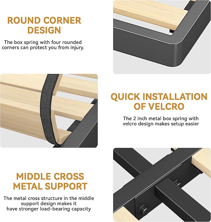 MAF Cal King Size Box Spring, 2 Inch Low Profile Box Spring with Round Corners, Bunkie Board with Wood Slats Bed Slat Replacement 3500 lbs Black Heavy Duty Metal Mattress Foundation, Easy Assembly