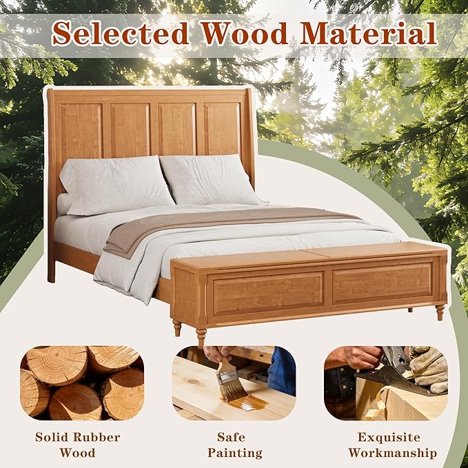 KEIKI Queen Size Platform Bed Frame with Storage Chest, Wooden Sleigh Bed with High Headboard and Footboard Storage Bench, Solid Wood Construction, No Box Spring Needed, Natural