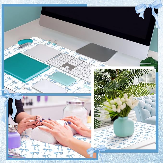 Teenyyou Coquette Bow Makeup Mat for Vanity Top Protector Graduation Gift Dual Side Leather Desk Mouse Pad Girly Waterproof Nonstick Dressing Accessories for Women Home Office(Blue,11.8"x23.6")
