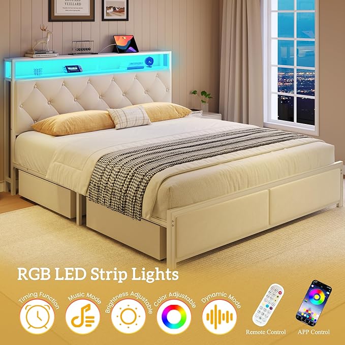 Fluest Queen Bed Frame with Headboard, Storage Drawers, Fast Charging Station, Led Lights, Bed Frame Queen Size with Fabric Drawers, Metal Structure, No Box Spring Needed, Easy Assembly, Beige