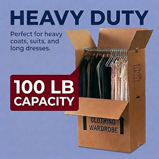 BOX USA Heavy-Duty Tall Wardrobe Moving Boxes with Hanger Bars (3-Pack) – 20″L × 20″W × 45"H – Extra-Tall 275#/ECT-48 Double-Wall Corrugated Boxes for Clothes, Coats & Dresses