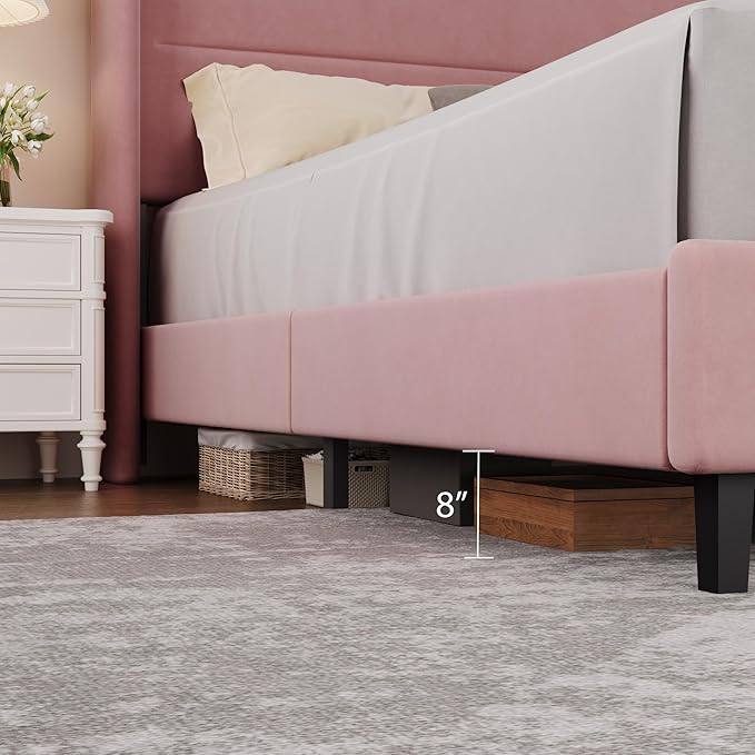 Garvee Full Size Bed Frame with Wingback Headboard, Velvet Upholstered Platform Bedframe with Wood Slats, No Box Spring Needed, Easy Assembly, Pink