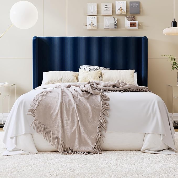 SHA CERLIN Queen Size Corduroy Upholstered Platform Bed Frame with Vertical Channel Tufted Wingback Headboard, 8" Under Bed Storage, Wooden Slats & Metal Frame Support, Easy Assembly, Dark Blue