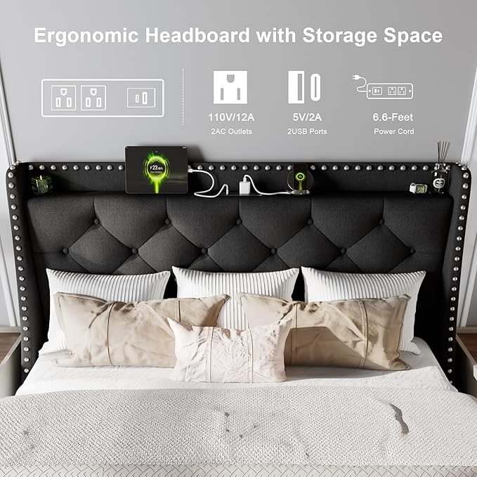 Feonase Queen Bed Frame with Luxury Wingback Upholstered Button Tufted Storage Headboard, Queen Platform Bed with Charging Station, Sturdy Wooden Slats Support, Noise-Free, Easy Assembly, Black