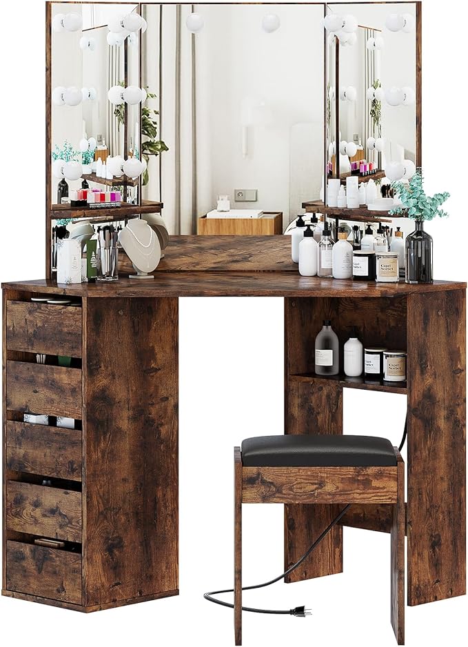 Garvee Corner Vanity Desk and Bench, Makeup Vanity Table with 3-Folding Lighted Mirrors, Charging Station, 5 Drawers for Bedroom