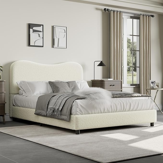 GarveeHome Boucle Full Size Bed Frame with Upholstered Headboard, Soft Low Profile Sturdy Platform Bed with Rounded Corners Design, Heavy Duty, Wooden Slats, Noise Free, No Box Spring Needed, Beige