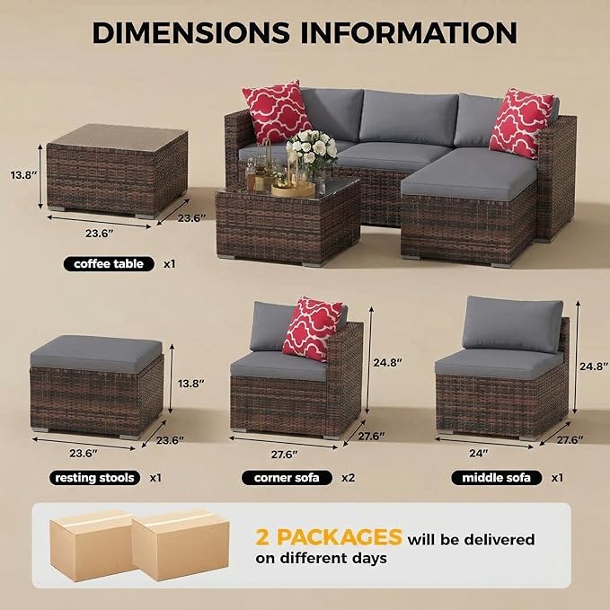 5-Piece Patio Sectional Sofa Set, All-Weather Brown PE Rattan Outdoor Conversation Furniture with Neutral-Tone Cushions, Glass Coffee Table & Footstool, Modular Design for Garden, Porch, Balcony, Pool