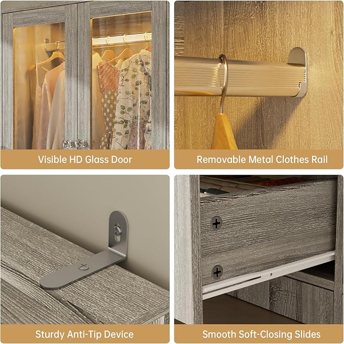VOWNER 75" Tall Armoire Wardrobe Closet with Drawers & Lights, Clothing Storage Cabinet with 2 Glass Doors & Hanging Rod, Wooden Armoire Storage Cabinet for Bedroom (Grey Oak, 75''H)