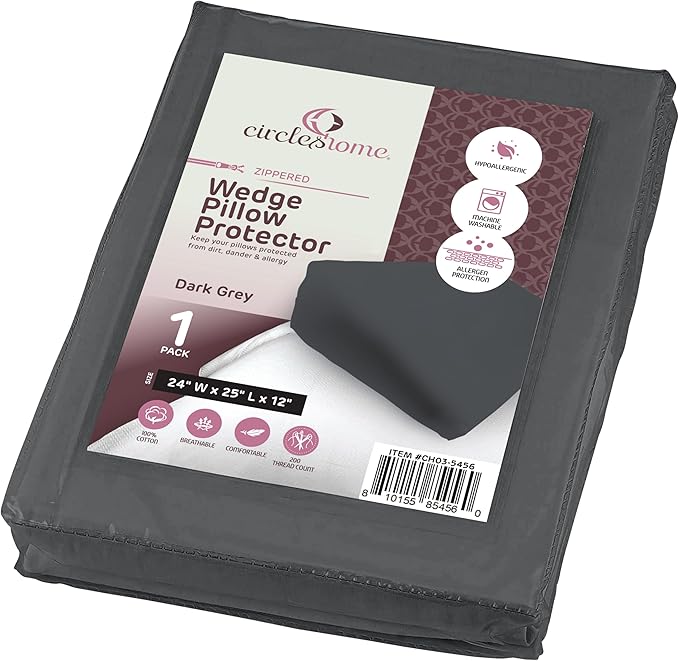 CirclesHome Wedge Pillow Cover 100% Cotton, Zippered Wedge Pillow Case Protector, Soft, Hypoallergenic & Breathable -Dark Grey, (24Wx25Lx12)