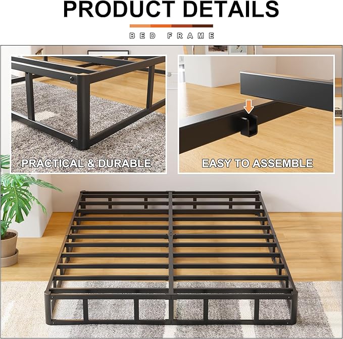 EMODA 8 Inch Full Size Box Spring Bed Base, 3000 LBS Heavy Duty Metal Mattress Foundation with Fabric Cover, Easy Assembly, Black