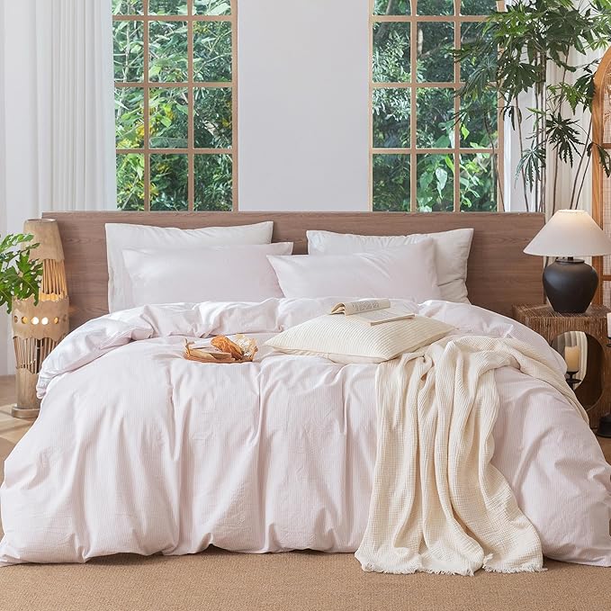 MooMee Striped Duvet Cover Set 100% Washed Cotton Linen Like Textured Breathable Durable Soft Comfy (Heathered Greyish Pink Pinstripes, Palatial King/Oversized King 120"x98")