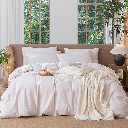 MooMee Striped Duvet Cover Set 100% Washed Cotton Linen Like Textured Breathable Durable Soft Comfy (Heathered Greyish Pink Pinstripes, Palatial King/Oversized King 120"x98")