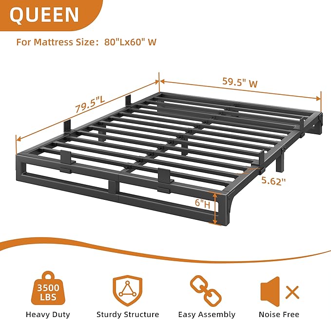Queen Bed Frame, 6 Inch Metal Platform Bed Frames with Squeak Free U-Slot Design, 6 Non-Slip Guards, 3500lbs Heavy Duty Steel Slat Support, No Box Spring Needed, Under Bed Storage, Black