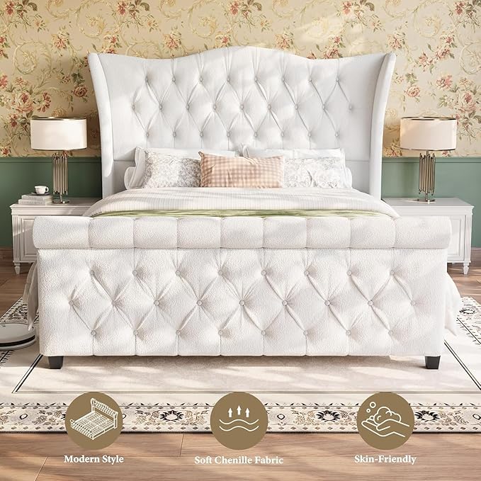 koorlian King Size Bed Frame,Chenille Upholstered Sleigh Bed with Scroll Wingback Headboard & Footboard,Luxury & Soft Button Tufted Modern Bed,Easy Assembly,No Box Spring Needed