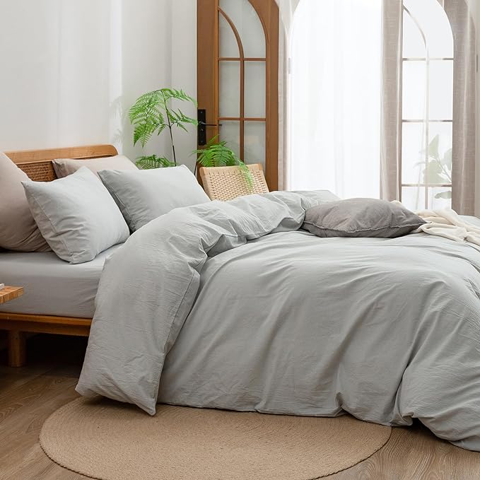 BESTOUCH Duvet Cover Set 100% Washed Cotton Linen Feel Super Soft Comfortable Chic Lightweight 3 PCs Home Bedding Set Solid Northern Droplet Grey Super King
