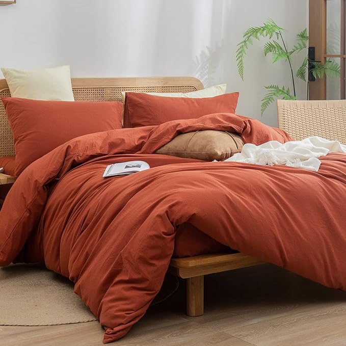 BESTOUCH Duvet Cover Set 100% Washed Cotton Linen Feel Super Soft Comfortable Chic Lightweight 3 PCs Home Bedding Set Solid Burnt Brick Red Cal King