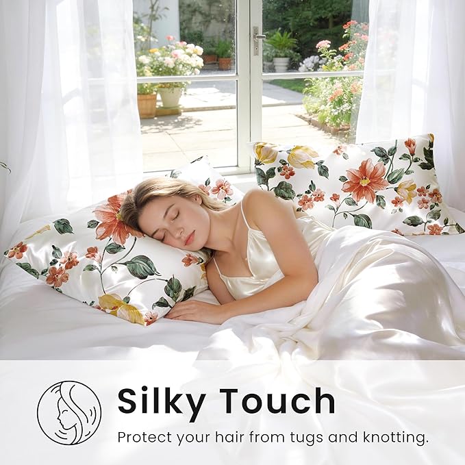 EXQ Home Satin Pillowcase for Hair and Skin Queen - Printed Watercolour Petal Silk Pillow Cases 2 Pack 20x30 inches - Satin Pillow Cases Set of 2 with Envelope Closure, Gifts for Women Men