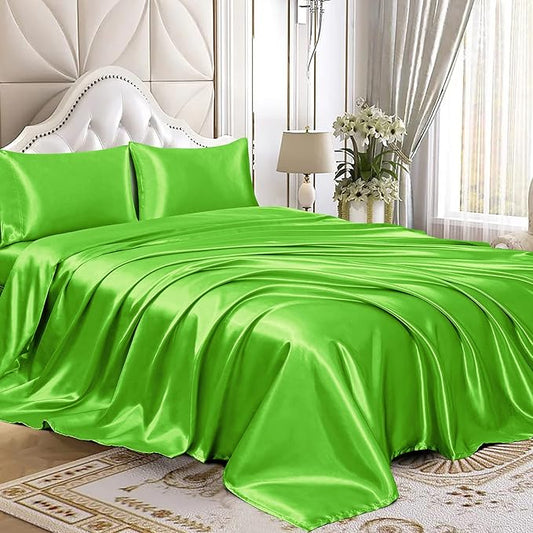 Homiest 4pcs Satin Sheets Set Luxury Silky Satin Bedding Set with Deep Pocket, 1 Fitted Sheet + 1 Flat Sheet + 2 Pillowcases (King Size, Lime Green)