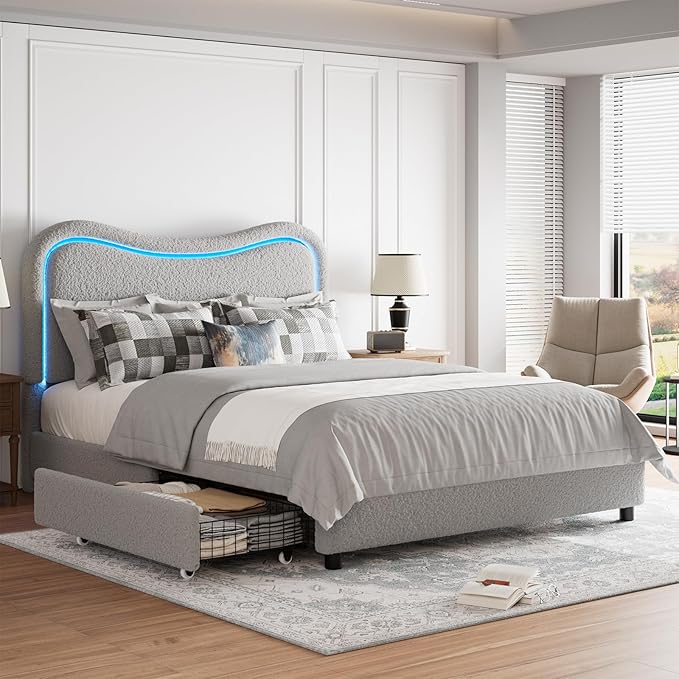 GarveeHome LED Queen Bed Frame with 2 Drawers and Headboard, Cute Upholstered Bed with Storage, Sturdy Platform Bed, No Box Spring Needed, Wooden Slats, Noise Free, Grey