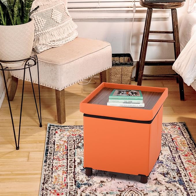 Dorriss Storage Ottoman for Living Room Ottoman Square with Tray Bedroom Cube Foot Rest Stool with Legs Small Ottomans Coffee Table Lid Foldable Footstool Faxu Leather 15" in (Orange)