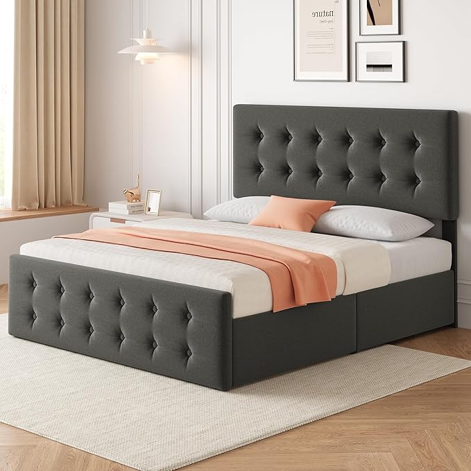 IDEALHOUSE Full Size Bed Frame with 4 Storage Drawers and Headboard, Linen Upholstered Platform Bed Frame with Wooden Slats Support, Button Tufted Design, No Box Spring Needed, Light Grey