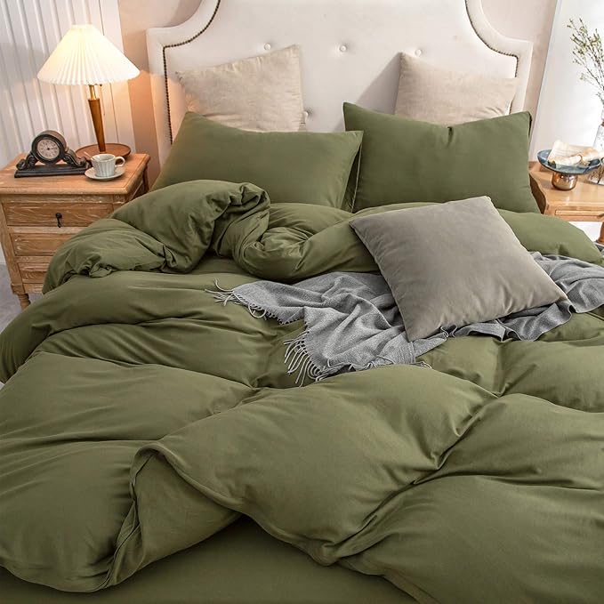PURE ERA Jersey Knit Duvet Cover Set 100% T-Shirt Cotton Super Soft Comfy 3pc Bedding Set with Zipper Closure (Solid Olive Green, King)