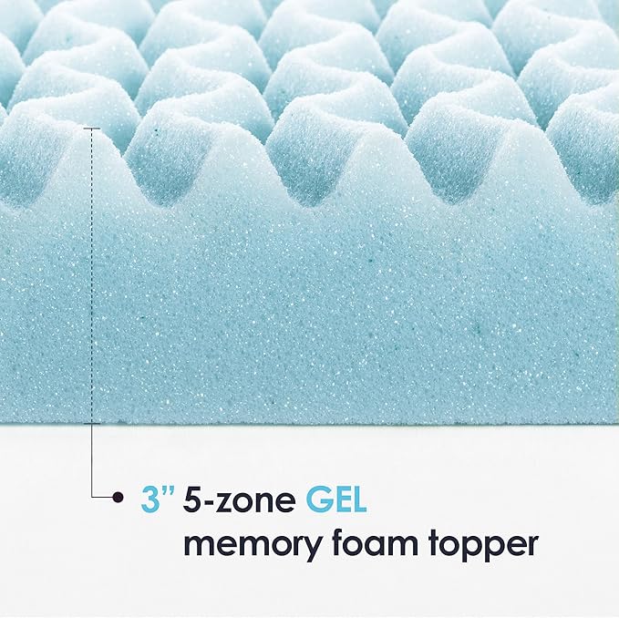 Mellow 3 Inch 5-Zone Memory Foam Mattress Topper, Cooling Gel Infusion, Dorm Essentials, Twin Blue