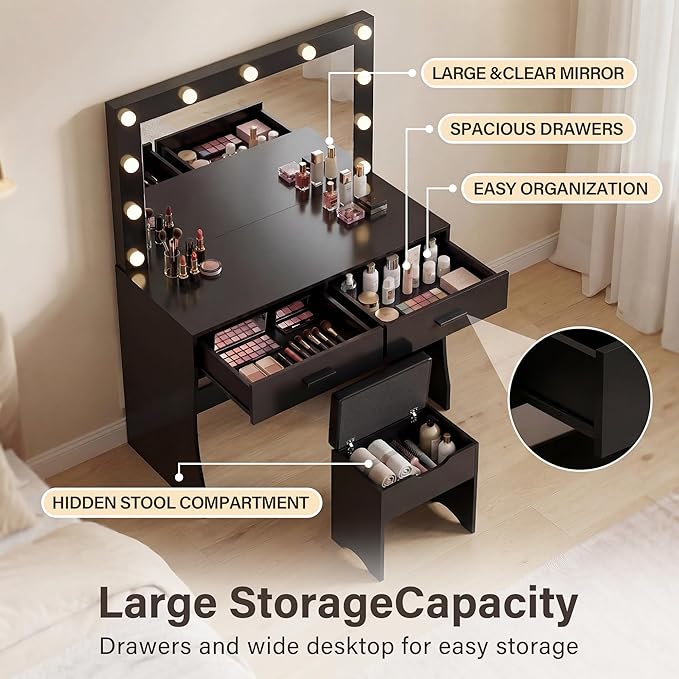 YESHOMY Vanity Desk with Mirror,Makeup Vanity Table with 11 Adjustable Lights and 2 Spacious Drawers,3 Lighting Modes with Control&Soft-Padded Storage Stool,Modern Bedroom Vanity Set,Black
