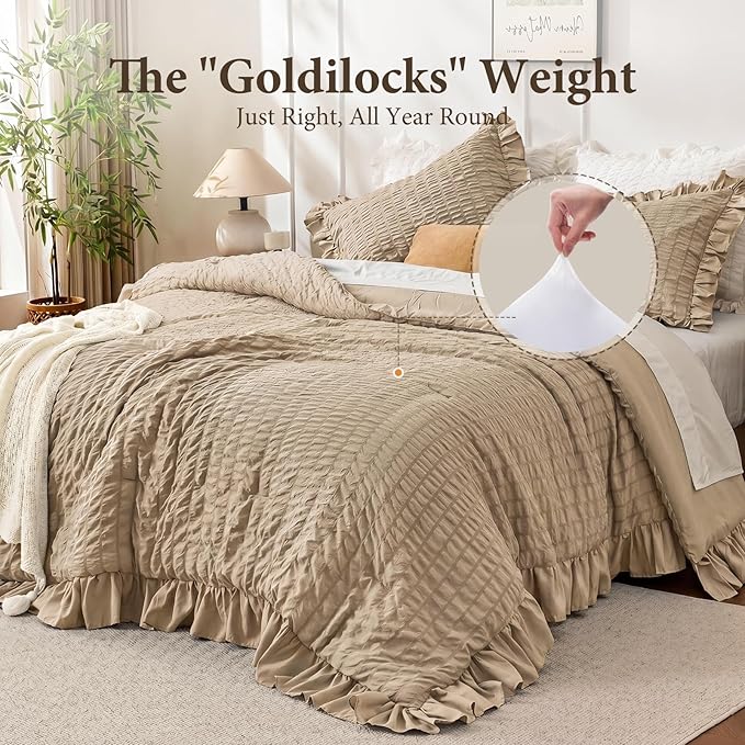 JOLLYVOGUE Queen Comforter Set, 3 Pieces Khaki Seersucker Comforters Queen Size, Lightweight & Fluffy Bedding Sets for All Season with 1 Ruffle Comforter and 2 Ruffle Pillowshams