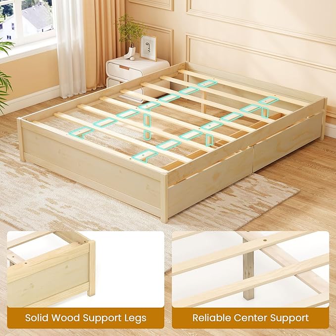 Giantex Queen Size Bed Frame with 2 Storage Drawers, Solid Wood Platform Bed with Slats Support, Heavy Duty Daybed with Storage, No Box Spring Needed, Queen Bed Frames for Teens Adults, Natural