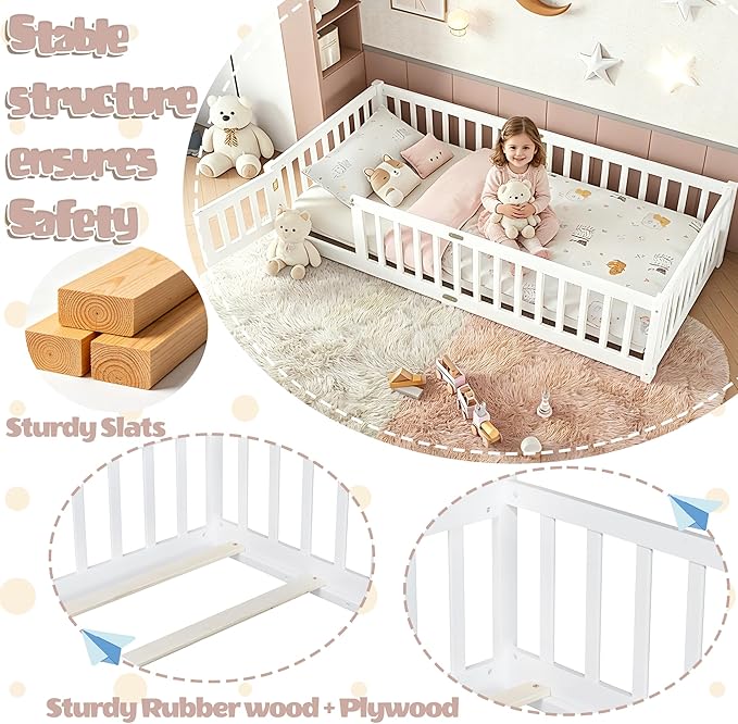 Bellemave Montessori Twin Floor Bed Frame with Fence and Removable Door, Low Profile Twin Size Montessori Bed Frame for Kids, Solid Wooden Floor Beds with Slats for Bedroom,Nursery, White