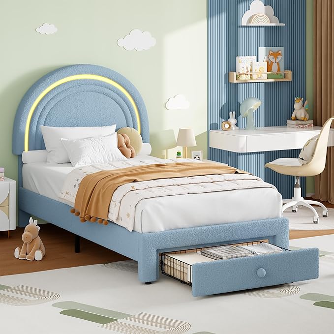 GarveeHome Twin Upholstered LED Bed Frame - with Storage Drawer and Rainbow Headboard, Berber Fleece Princess Platform Bed for Kids, Solid Wood Slats Support, No Box Spring Needed, Easy Assembly, Blue