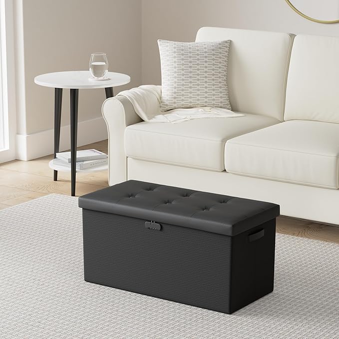 DocSafe Storage Ottoman Bench with Lock,Fireproof 30 Inches Folding Bench Foot Rest Stool Storage Chest Safe for Living Room,Bedroom,Home Office,Waterproof Leather Ottoman with Handles,Black