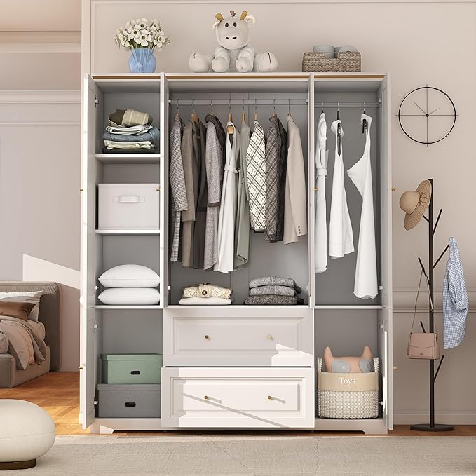 Bedroom Armoire Wardrobe Closet with Drawers: White Wardrobe Closet for Hanging Clothes, Large Wardrobes Storage Closets, Wood Closets Cabinets with Doors and Shelves (White, 59")