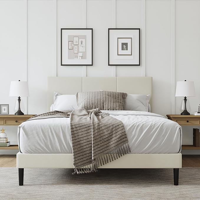Full Size Bed Frame with Headboard, Velvet Upholstered Platform Bed Frame, Sturdy Slatted Support for Springless Mattresses, Silent Operation, Easy to Assemble, Beige
