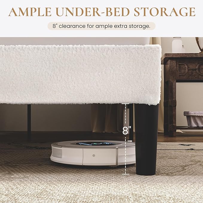 SHA CERLIN King Size Bed Frame with Soft Teddy Fabric, Boucle Upholstered Platform Bed, Curved Headboard Design, Wooden Slats Support, Noise-Free, No Box Spring Needed, Easy Assembly, White
