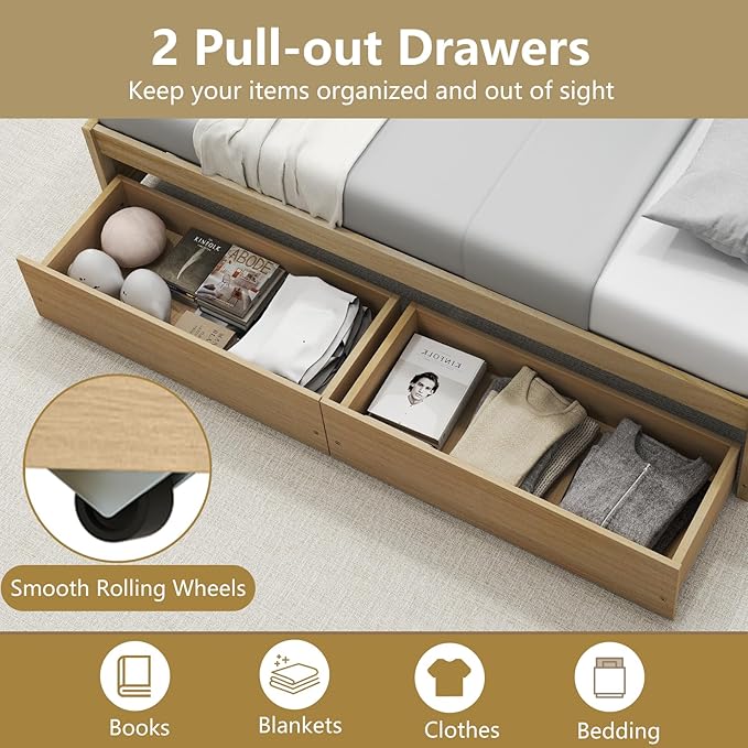 Giantex Twin Size Platform Bed Frame with 2 Storage Drawers, Solid Wood Bedframe Daybed, Wooden Slats Support Mattress Foundation, No Box Spring Needed, Twin Bed Frames for Kids Teens Adults