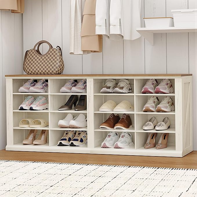 Hzuaneri Farmhouse Shoe Storage Bench, Entryway Shoe Cubby Bench, Widened Wooden Shoes Cubbies with Compartments, Shoes Rack Benchs for Cloakroom, Entryway, Antique White SB24614X