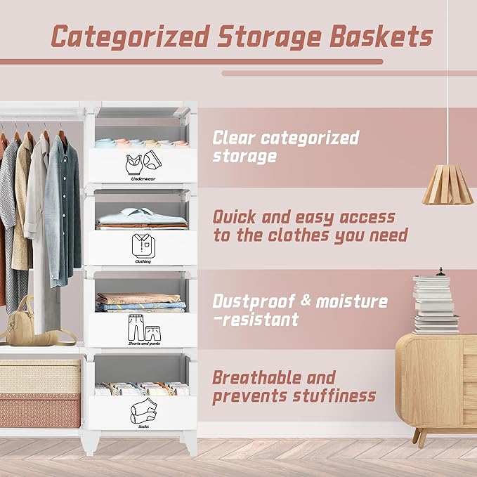 Portable Closet, Easy Assembly, Large Capacity Wardrobe Closet, Sturdy and Stable Clothes Rack with Shelves 4 Storage Baskets and 2 Hanging Rods, for Bedroom and Cloakroom White