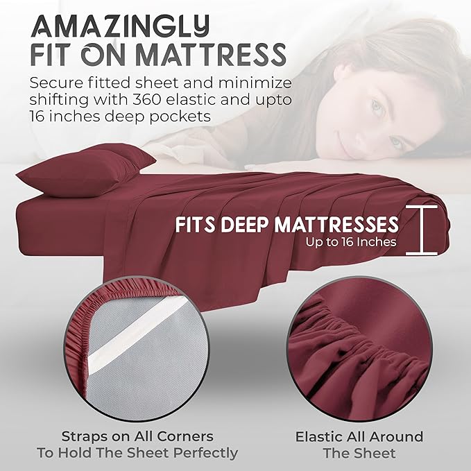 Top Split Flex Head California King Size Sheet Set - Egyptian Quality Ultra-Soft Bed Sheets - Double Brushed - Deep Pockets- Easy Fit - 4 Piece Set- Fade Resistant (Burgundy)