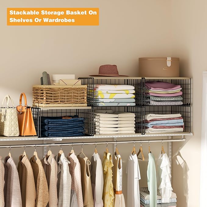 2 Pack Extra-Long, Low-Profile Closet Organizers and Storage with Wood Top, 4 Tier Stackable Closet Shelf Organizer, Space-Saving Clothes Storage Bin for Wardrobe & Small Spaces, Sturdy (Black)