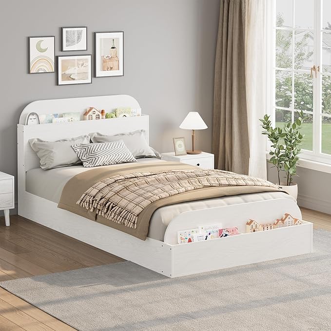 GarveeHome Twin Size Bed Frame, Wooden Beds with Storage Headboard and Raised-Foodboard for Kid, Twin-Floor Low Platform Bed for Bedroom, Sturdy Wooden Slats Support, No Box Spring Needed, White