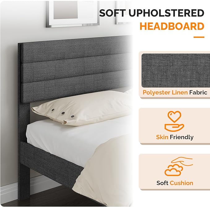 VINGLI King Size Bed Frame and Headboard,Panel Soft Bed with Linen Fabric Upholstered Padding, Low Profile Bed with Durable Wooden Slats Support, No Squeak, Dark Gray