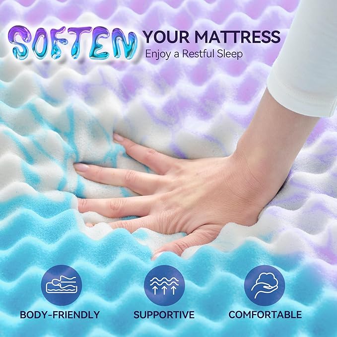 SINWEEK 3 Inch Egg Crate Memory Foam Mattress Topper Twin XL, Twin Extra Long Mattress Pads for College Dorm Room, Pressure Relieve CertiPUR-US Certified,39x80 Inches, Colorful