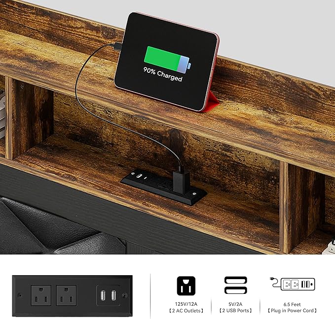 DWVO Bed Frame with Charging Station and Storage Headboard, Upholstered Platform with Large Under Bed Storage and LED Light, No Box Spring Needed, Noise Free, Faux Leather, Black, Queen Size