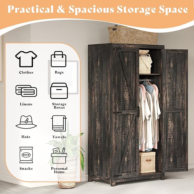 AMERLIFE Set of 2 Farmhouse Armoire Wardrobe Closet with 2 Barn Doors, 71'' Storage Cabinet with Shelf & Hanging Rod, Versatile Clothing Storage for Bedroom, Black Oak