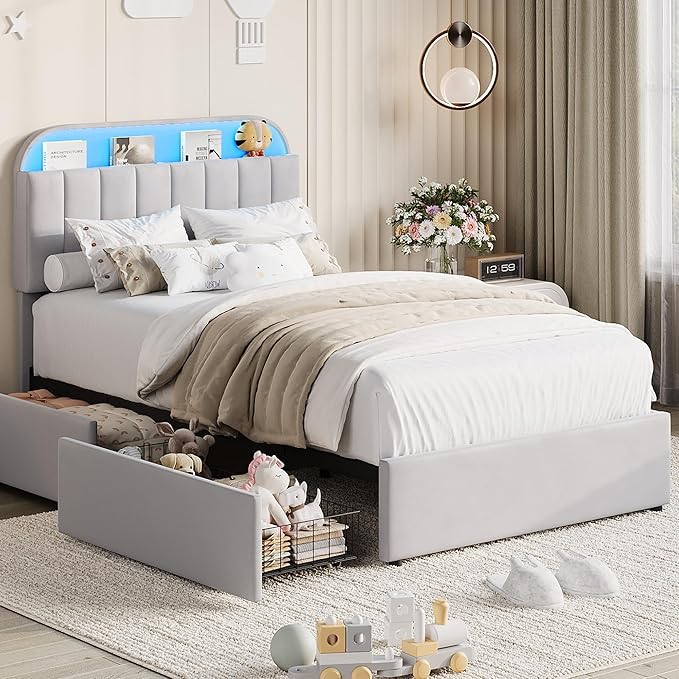 Garvee Twin Size Bed Frame with 2 Flexible Drawers, Velvet Upholstered Platform Bed Frame with Bookcase Headboard and LED Lights, Kids Bed for Girls, Easy Assembly, Noise Free, Grey