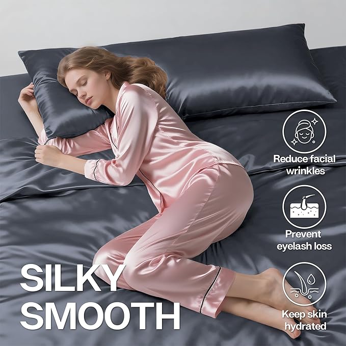 MR&HM Satin Body Pillow Cover, Soft and Breathable Body Pillow Case with Envelope Closure, Cooling and Silky Long Pillowcase for Hair and Skin,Grey (20x54, Space Grey)