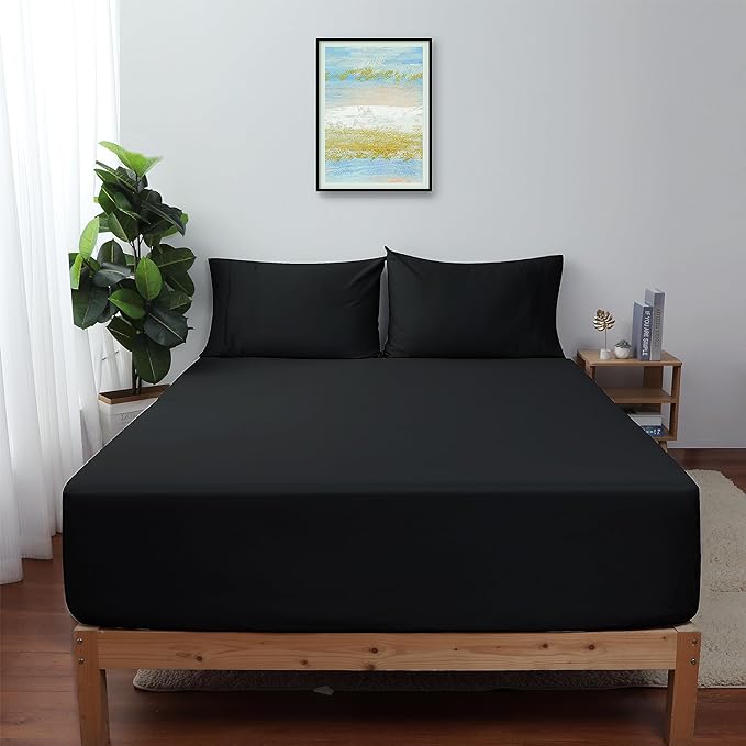 2-Pack Pure Cotton Fitted Sheet Queen Size, 600 Thread Count 16" Deep Pocket Egyptian Cotton Fitted Sheet (2pcs, Queen, Black)